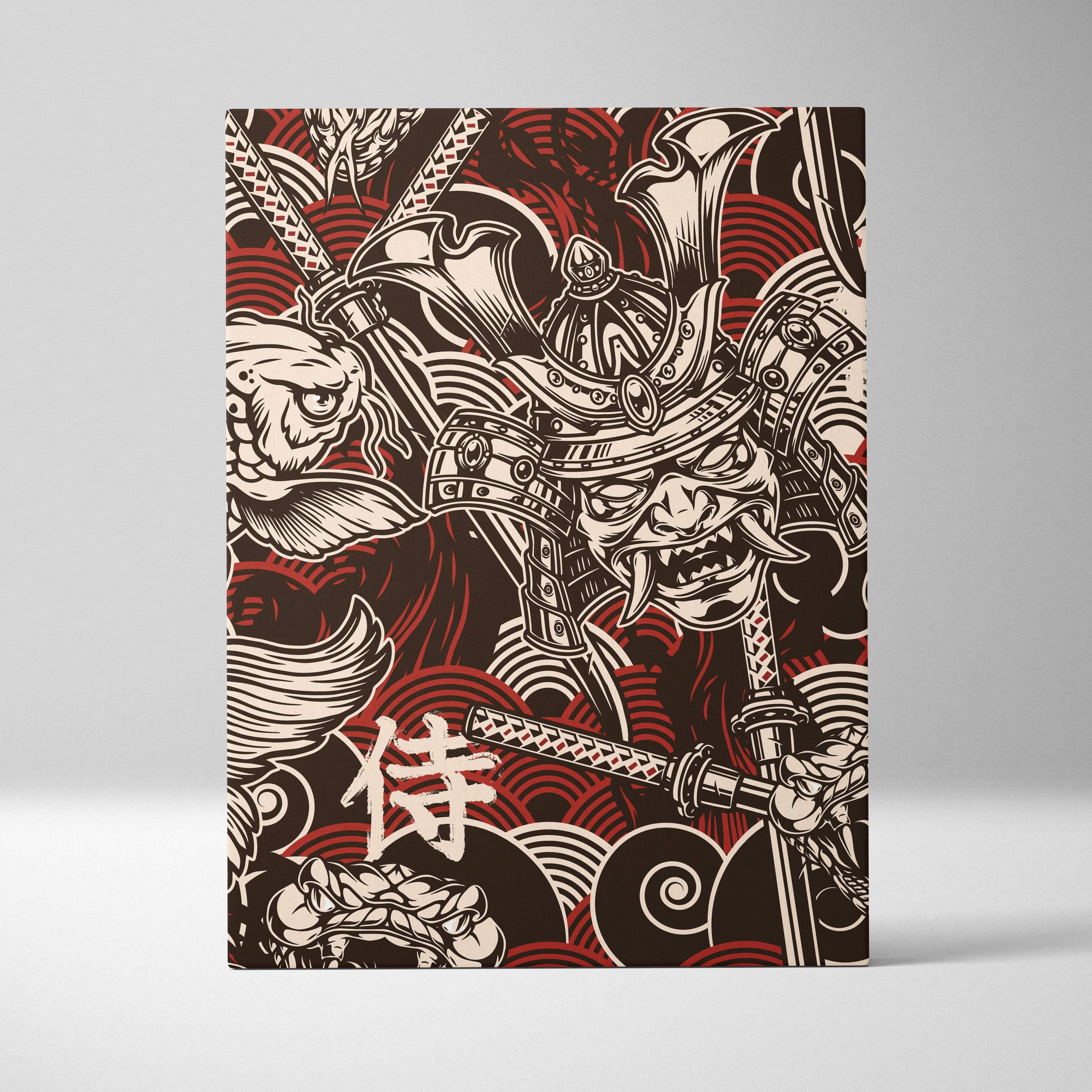 Rectangular canvas print of a bold red and black samurai in ornate armor with intricate patterns for wall art decor