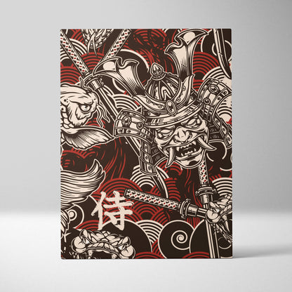 Rectangular canvas print of a bold red and black samurai in ornate armor with intricate patterns for wall art decor