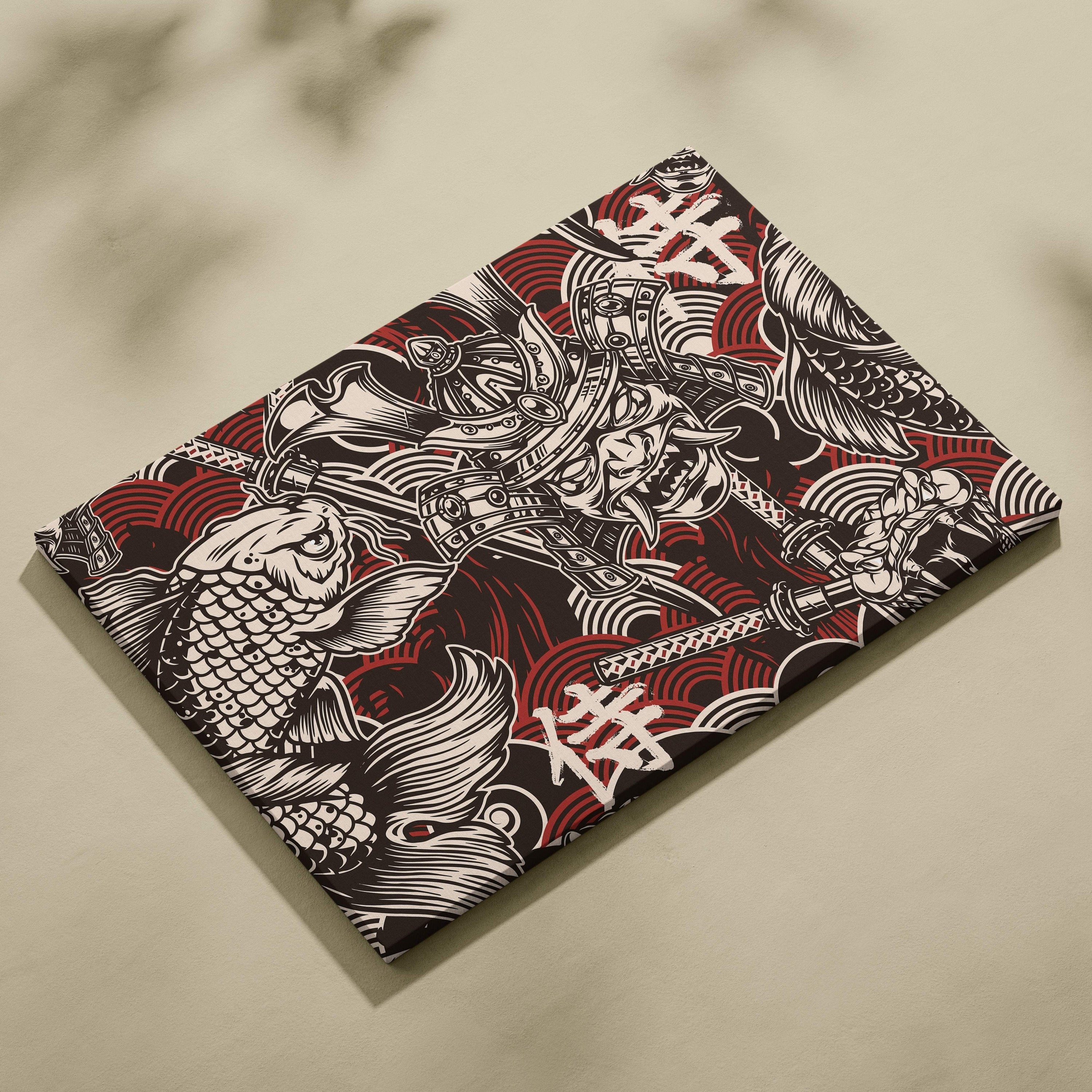 Rectangular canvas wall art featuring a bold black and white samurai koi illustration on deep red background for game rooms