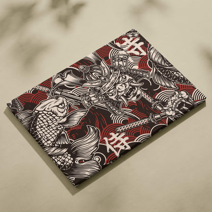 Rectangular canvas wall art featuring a bold black and white samurai koi illustration on deep red background for game rooms