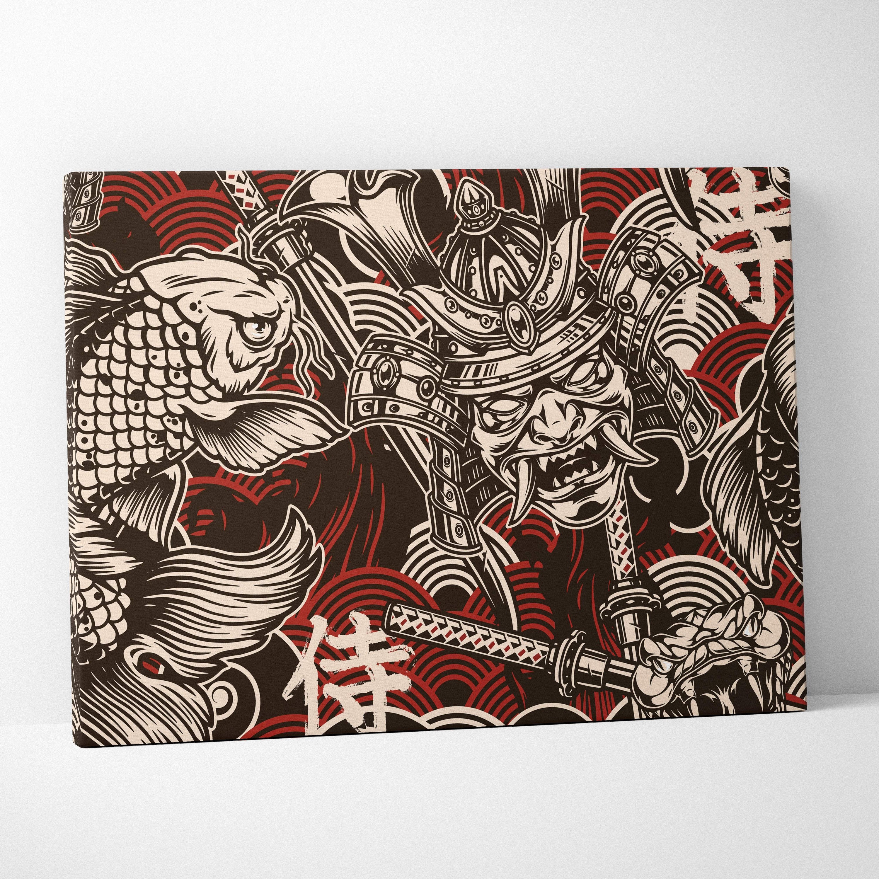 A bold red and cream canvas print of a samurai warrior with ornate armor and koi fish in black japanese tattoo style