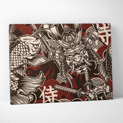A bold red and cream canvas print of a samurai warrior with ornate armor and koi fish in black japanese tattoo style
