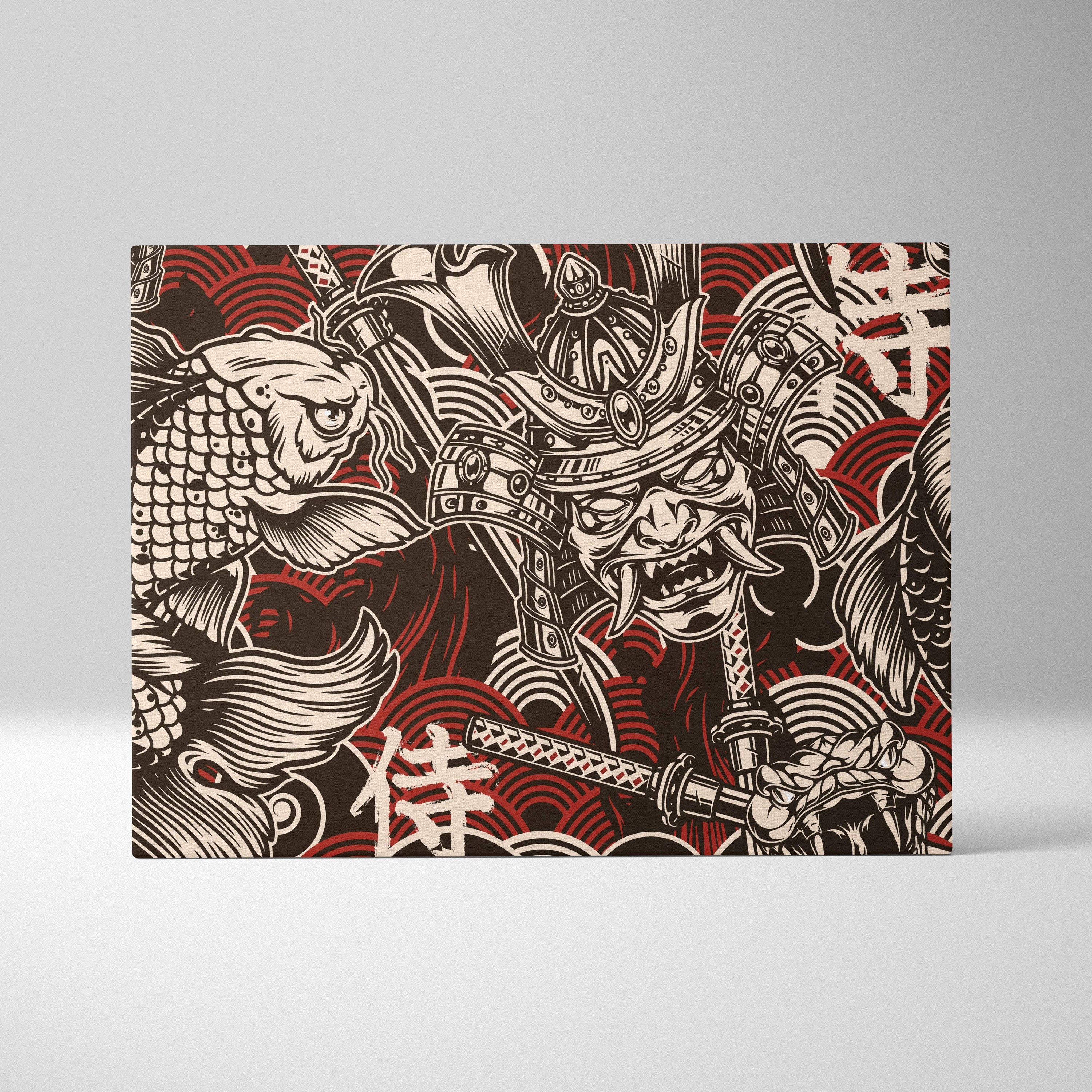 Samurai koi pattern canvas wall art with bold samurai and koi fish illustration in black red japanese tattoo style