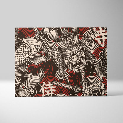 Samurai koi pattern canvas wall art with bold samurai and koi fish illustration in black red japanese tattoo style