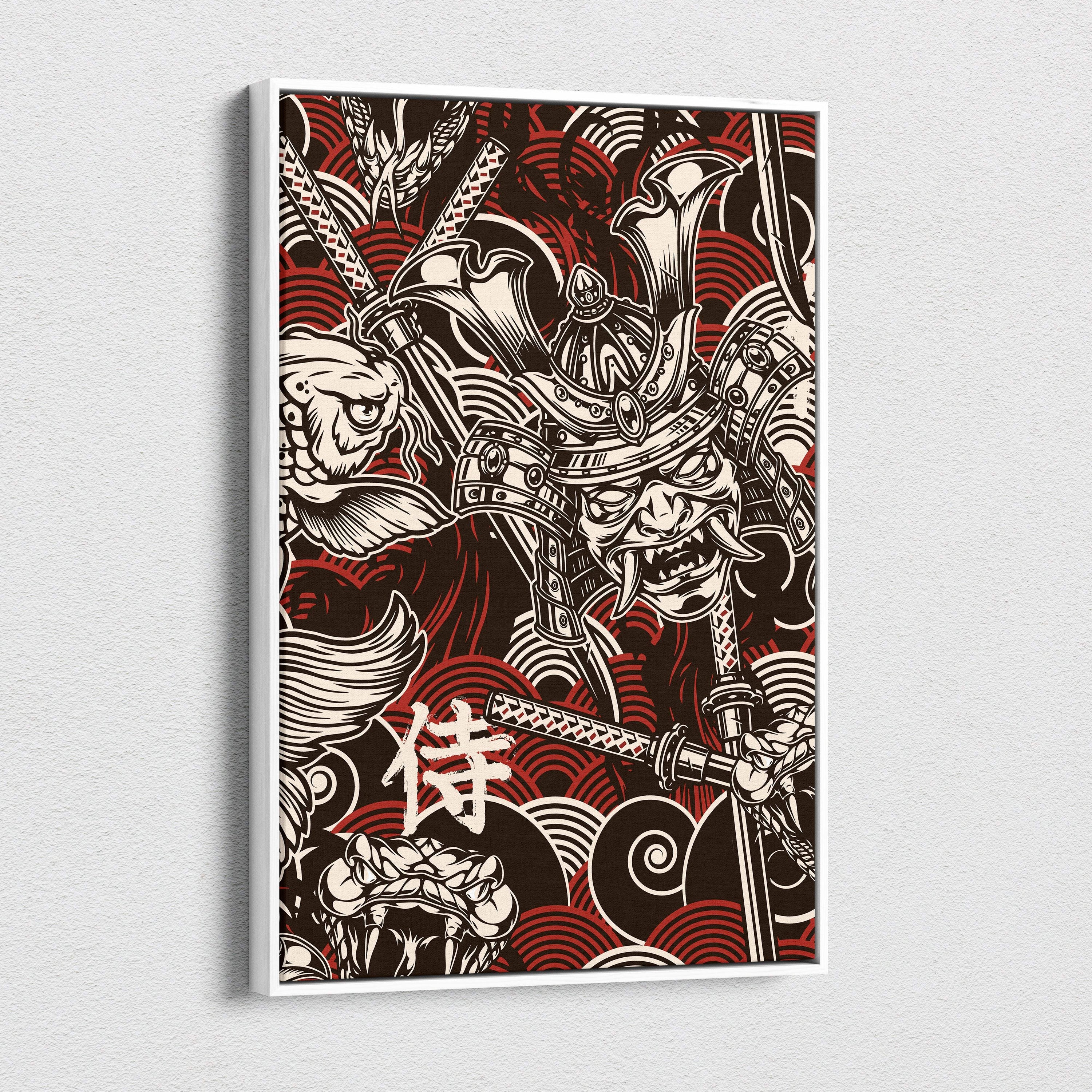 A framed samurai koi fish canvas wall art with black and white illustration and red wave patterns in japanese tattoo style
