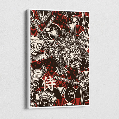 A framed samurai koi fish canvas wall art with black and white illustration and red wave patterns in japanese tattoo style