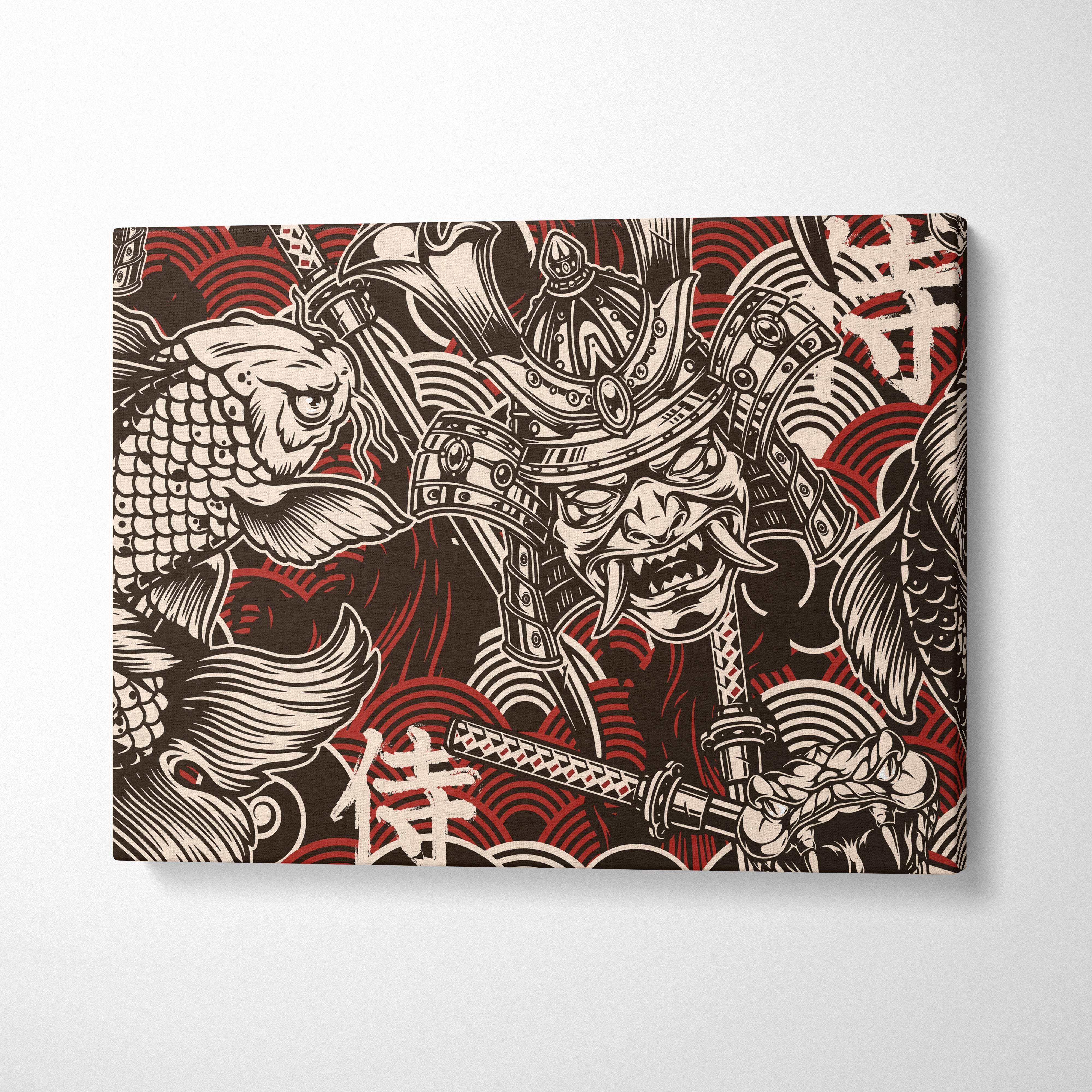 A bold red and cream samurai koi pattern canvas wall art with ornate armor and japanese characters for game rooms