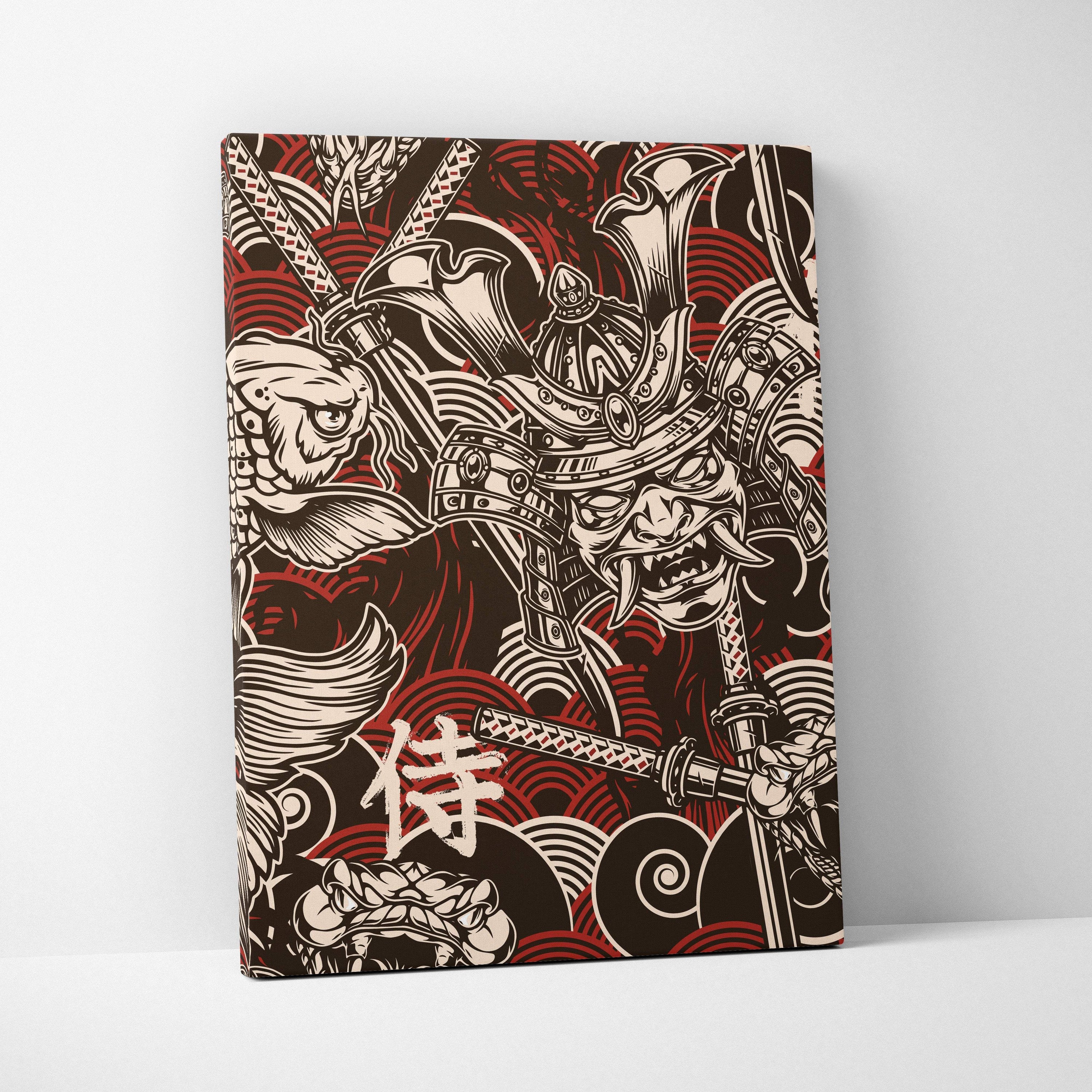 Samurai koi fish canvas wall art with bold red black japanese tattoo style samurai warrior for game room decor