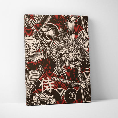 Samurai koi fish canvas wall art with bold red black japanese tattoo style samurai warrior for game room decor