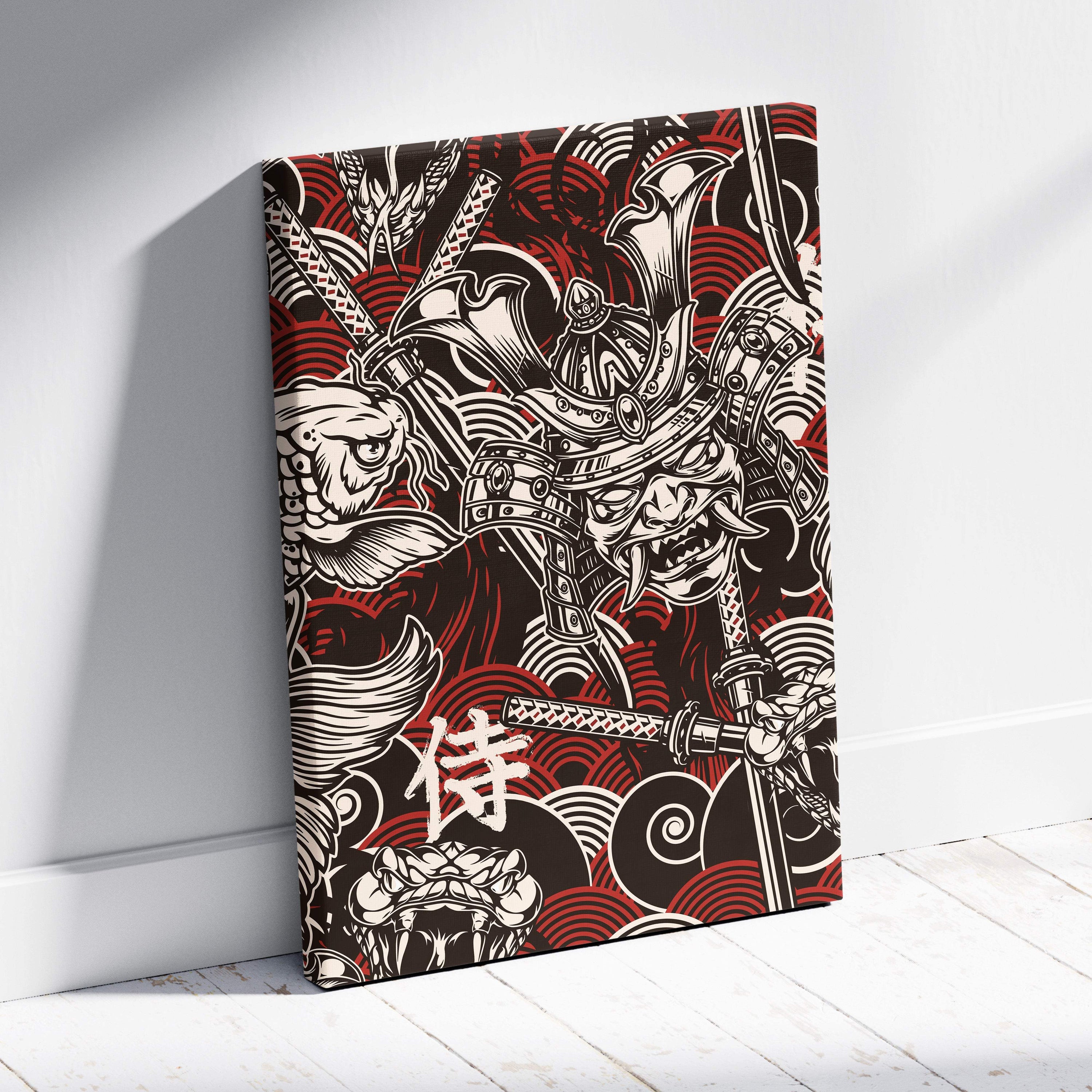 Samurai koi fish canvas wall art with red and black stylized samurai warrior and japanese wave patterns for game room decor
