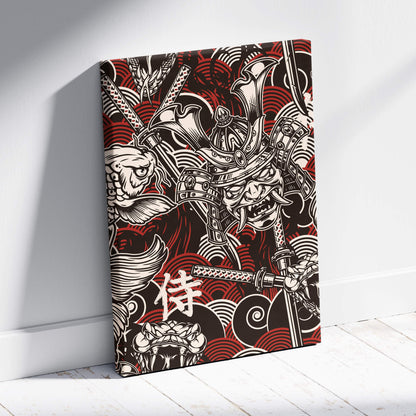 Samurai koi fish canvas wall art with red and black stylized samurai warrior and japanese wave patterns for game room decor