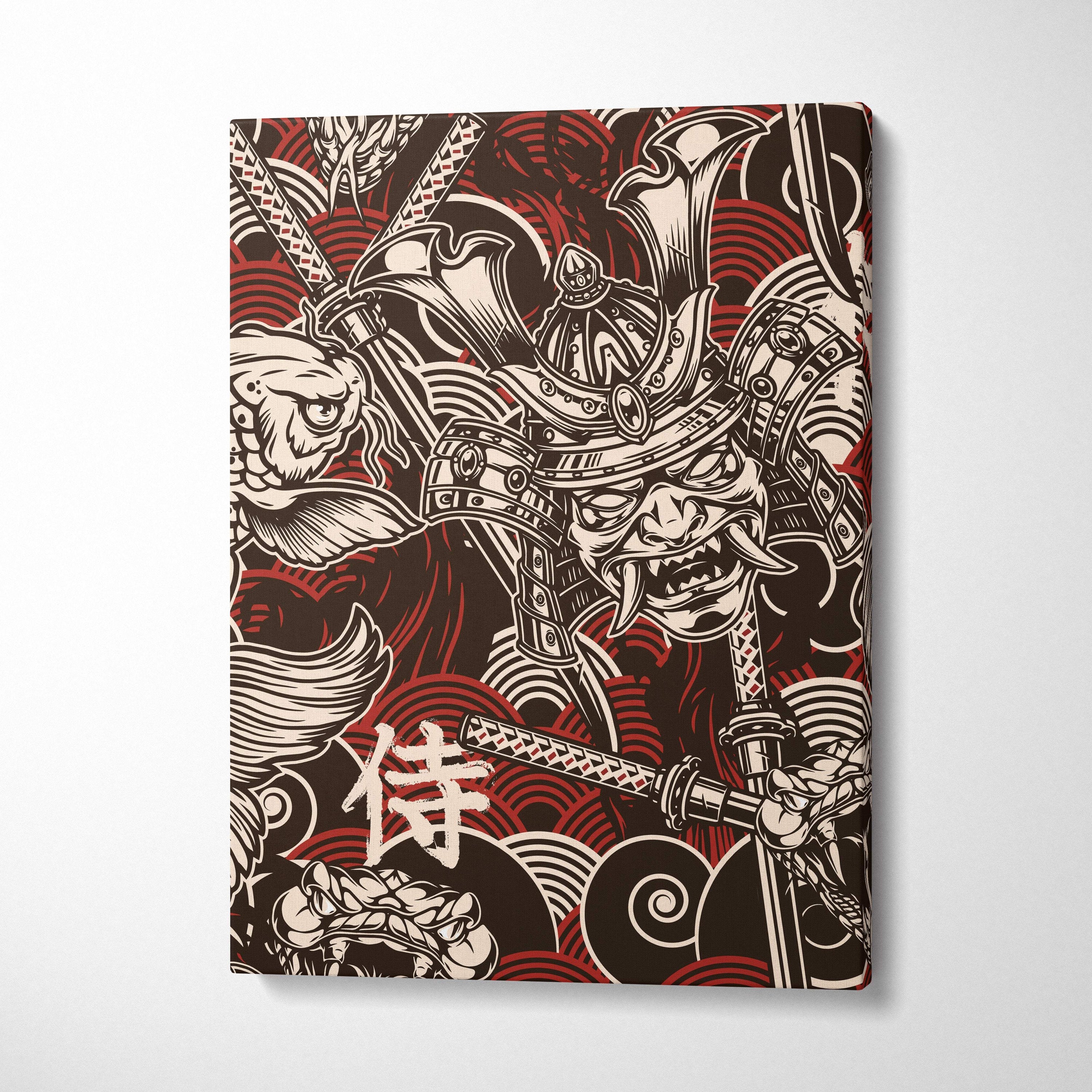 A rectangular samurai koi fish canvas wall art with black and white samurai illustration on deep red background