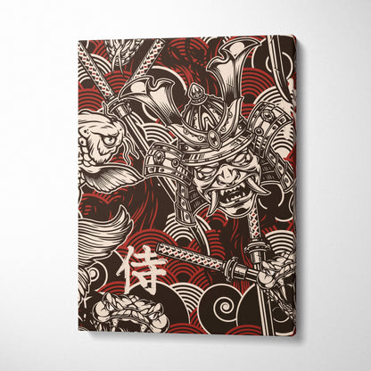 A rectangular samurai koi fish canvas wall art with black and white samurai illustration on deep red background