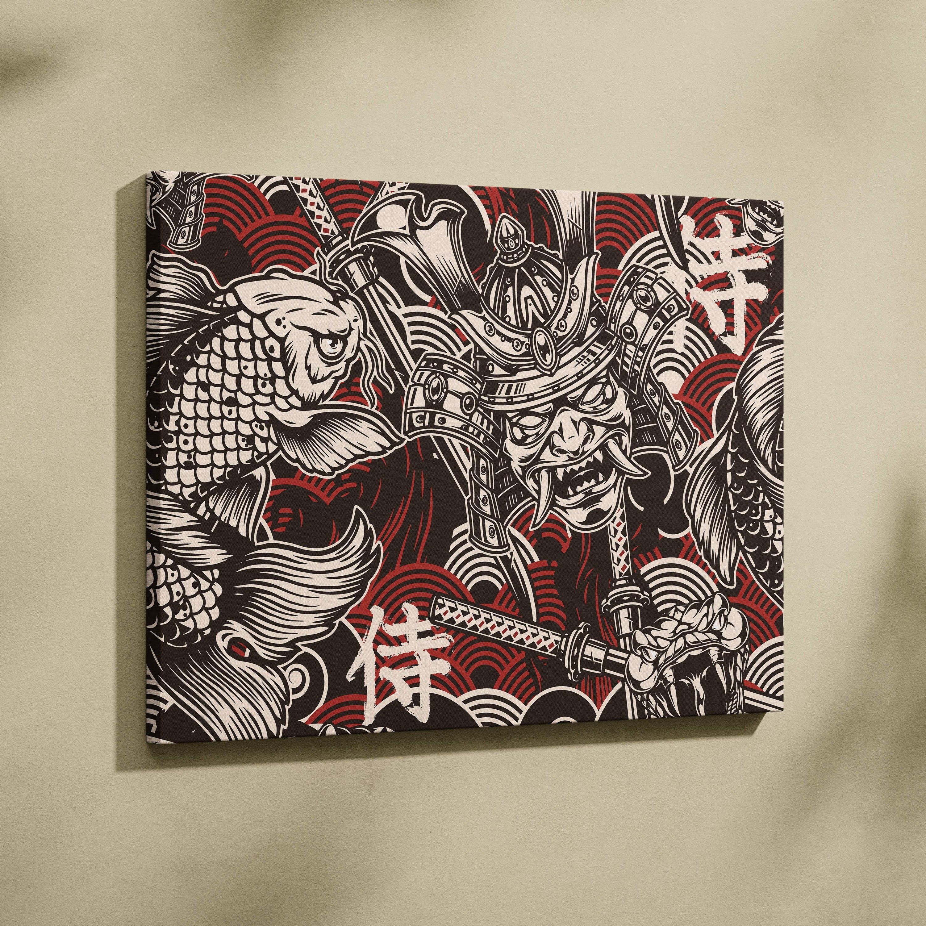 A bold black and red canvas print of a stylized samurai with ornate armor and koi fish in Japanese tattoo style
