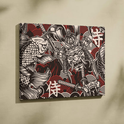 A bold black and red canvas print of a stylized samurai with ornate armor and koi fish in Japanese tattoo style