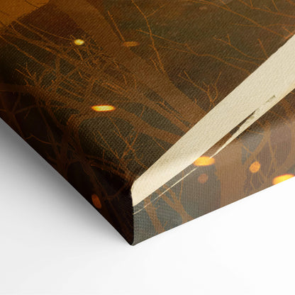 Canvas print of moody forest with bare branches and glowing orange lights mounted on white wall for dramatic decor