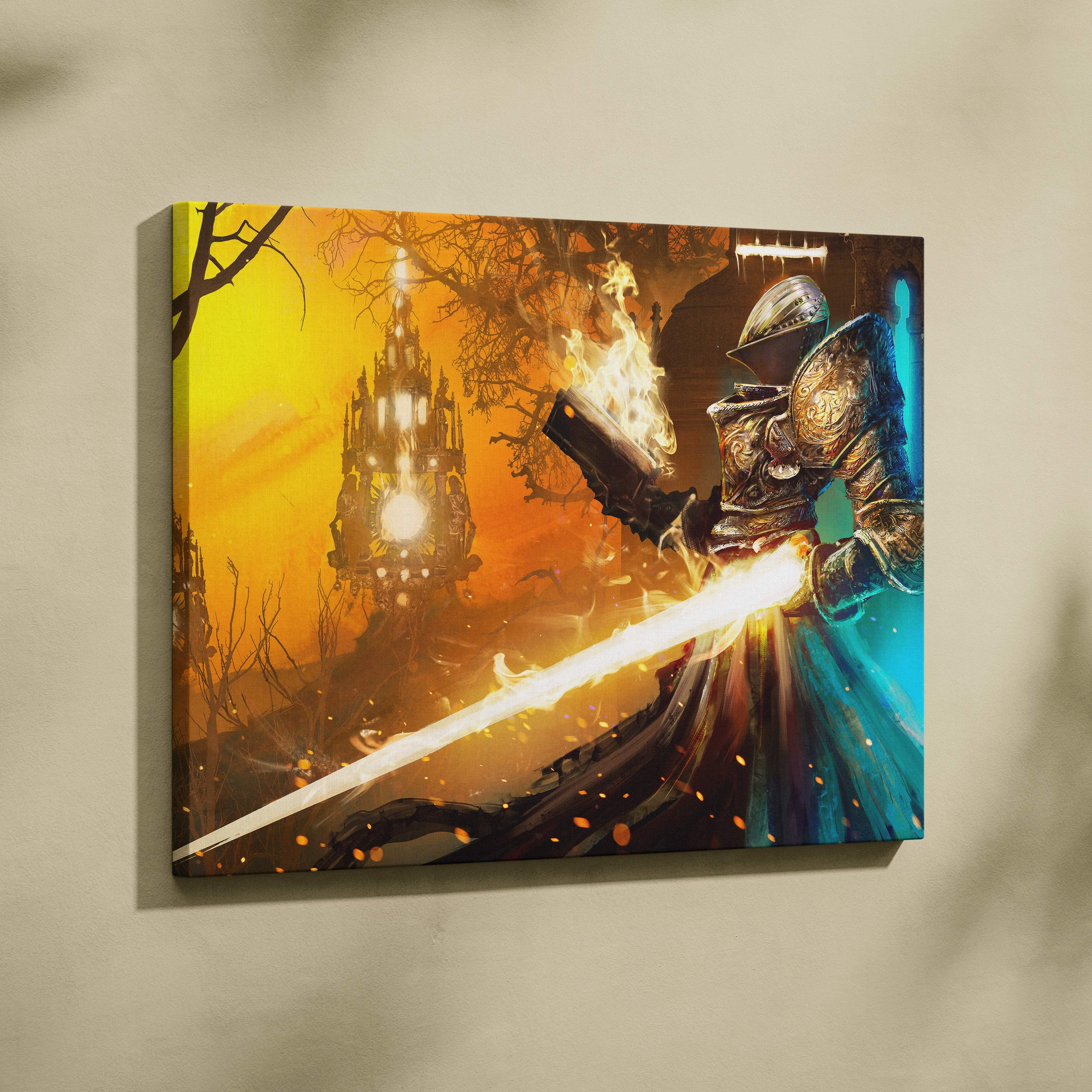 Vibrant canvas print of a golden knight in dark armor with a glowing sword against an orange and blue gothic castle background