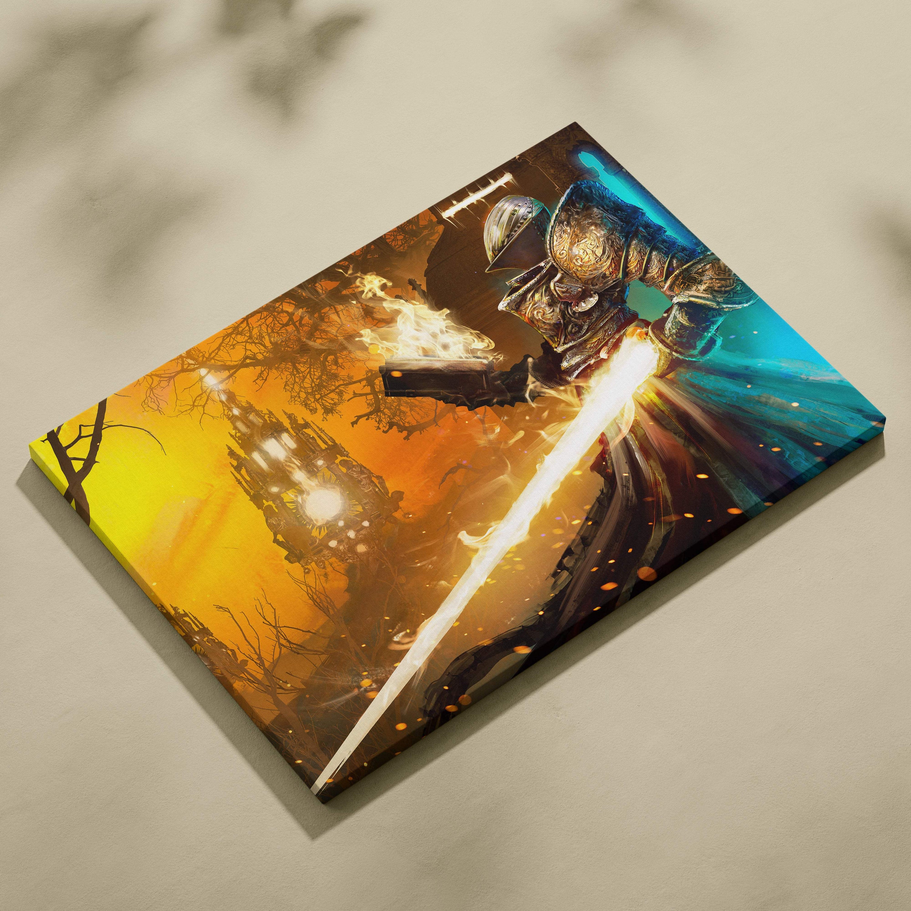 Golden knight warrior canvas wall art featuring a vibrant orange and blue fantasy battle scene with a flaming sword
