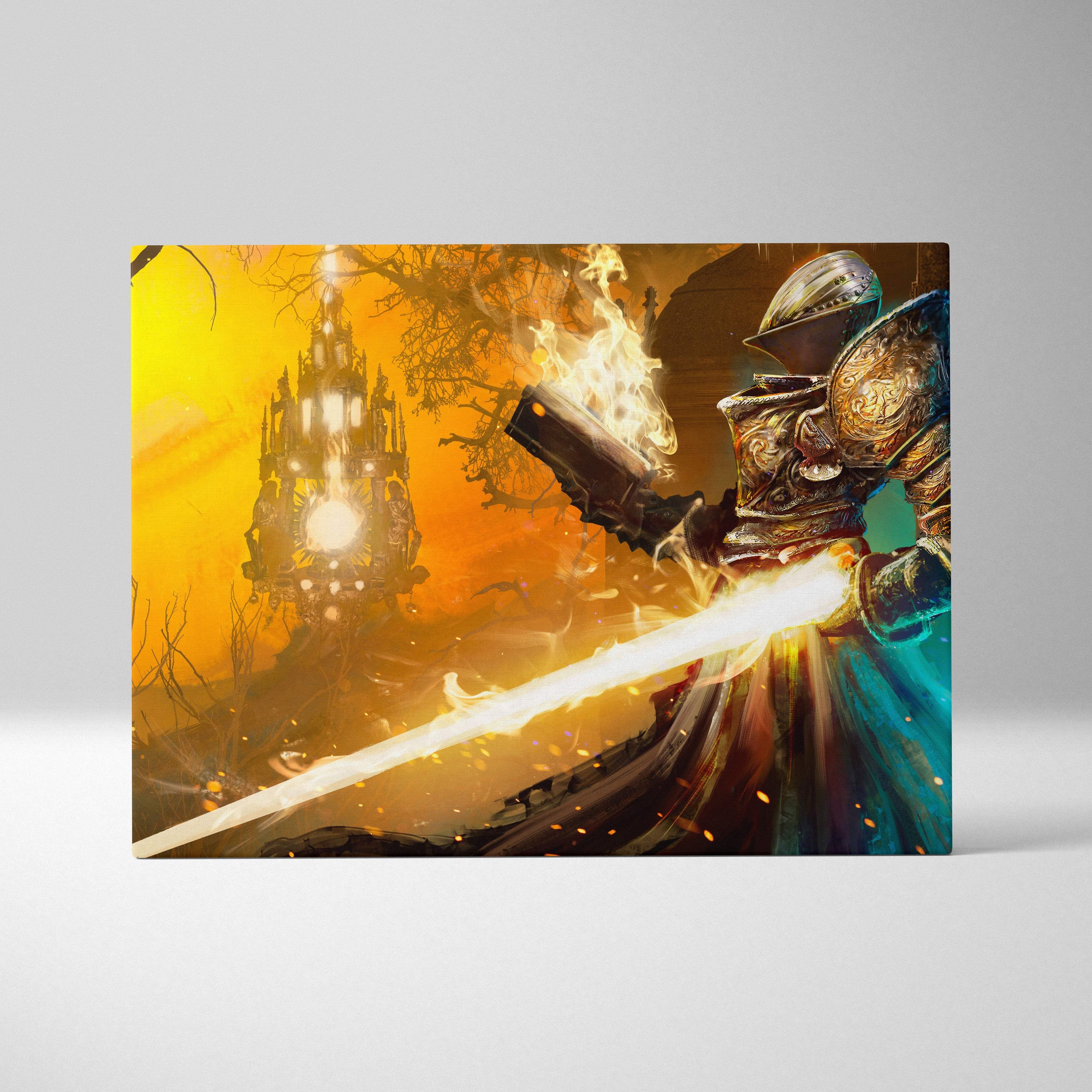 Rectangular canvas print of a golden knight warrior with glowing sword against fiery orange and teal fantasy backdrop