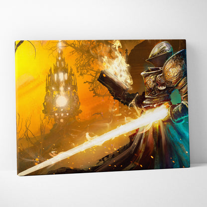 Golden knight warrior canvas wall art with flaming sword in vibrant orange and blue fantasy battle scene decor