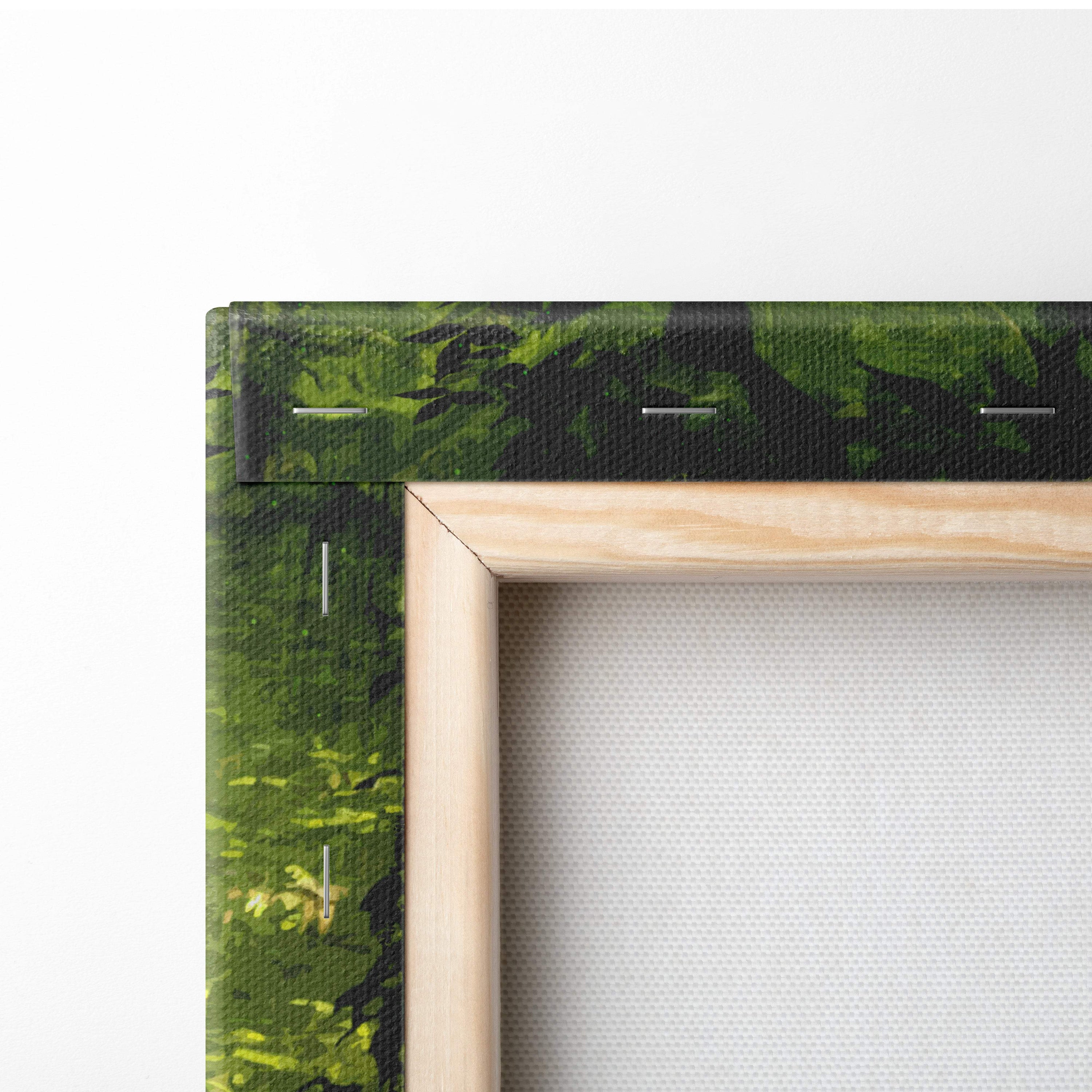 Light wood framed canvas print with textured green and black camouflage pattern for vibrant fantasy forest decor
