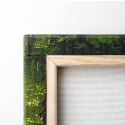 Light wood framed canvas print with textured green and black camouflage pattern for vibrant fantasy forest decor