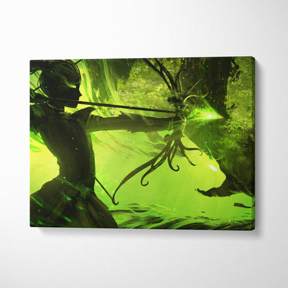 Neon green archer canvas wall art featuring vibrant fantasy forest silhouette aiming glowing arrow at tentacled creature