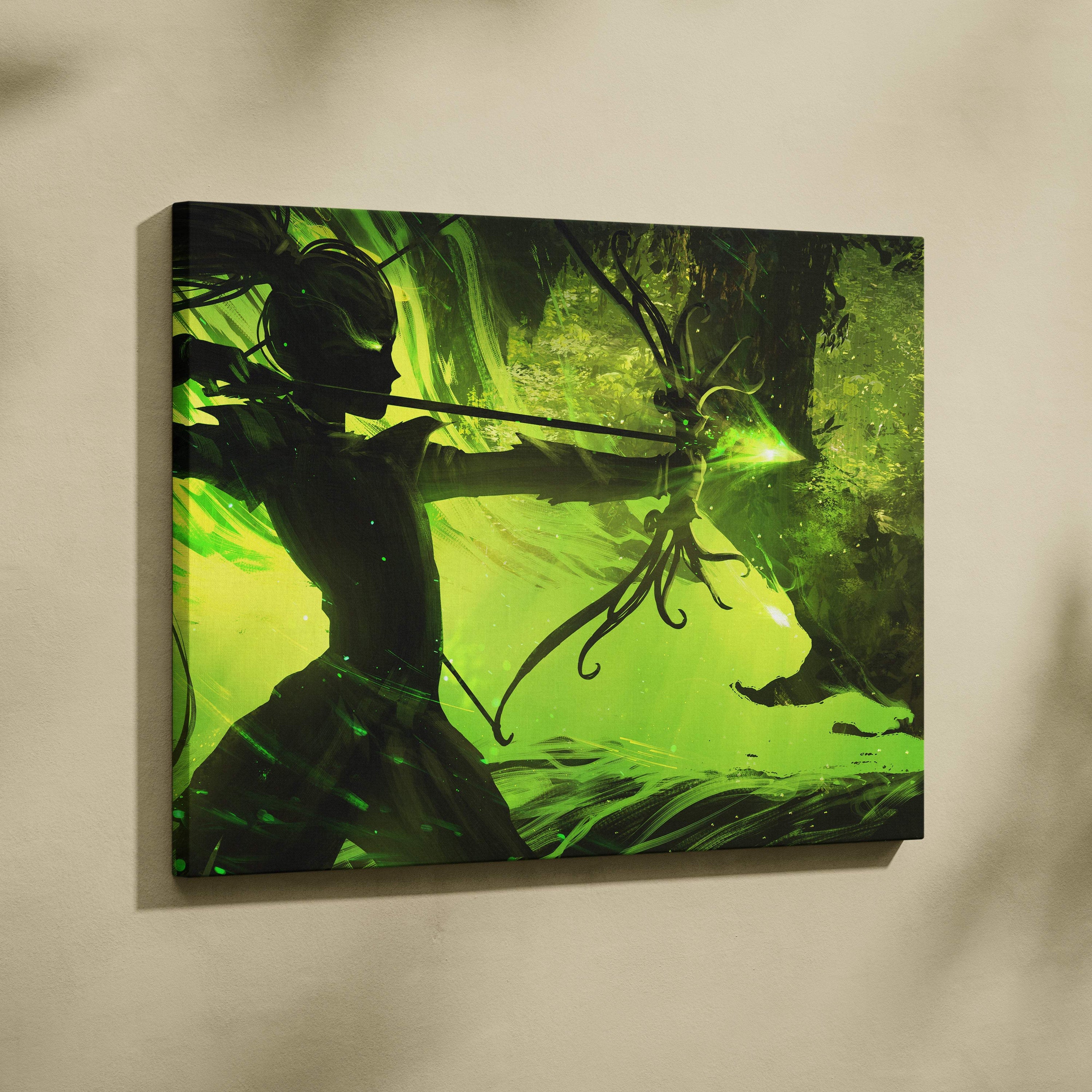 Neon green archer canvas wall art featuring a vibrant fantasy forest with a glowing arrow and dynamic female silhouette