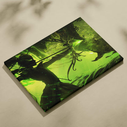 Neon green archer canvas wall art featuring vibrant green and black fantasy forest illustration on stretched canvas