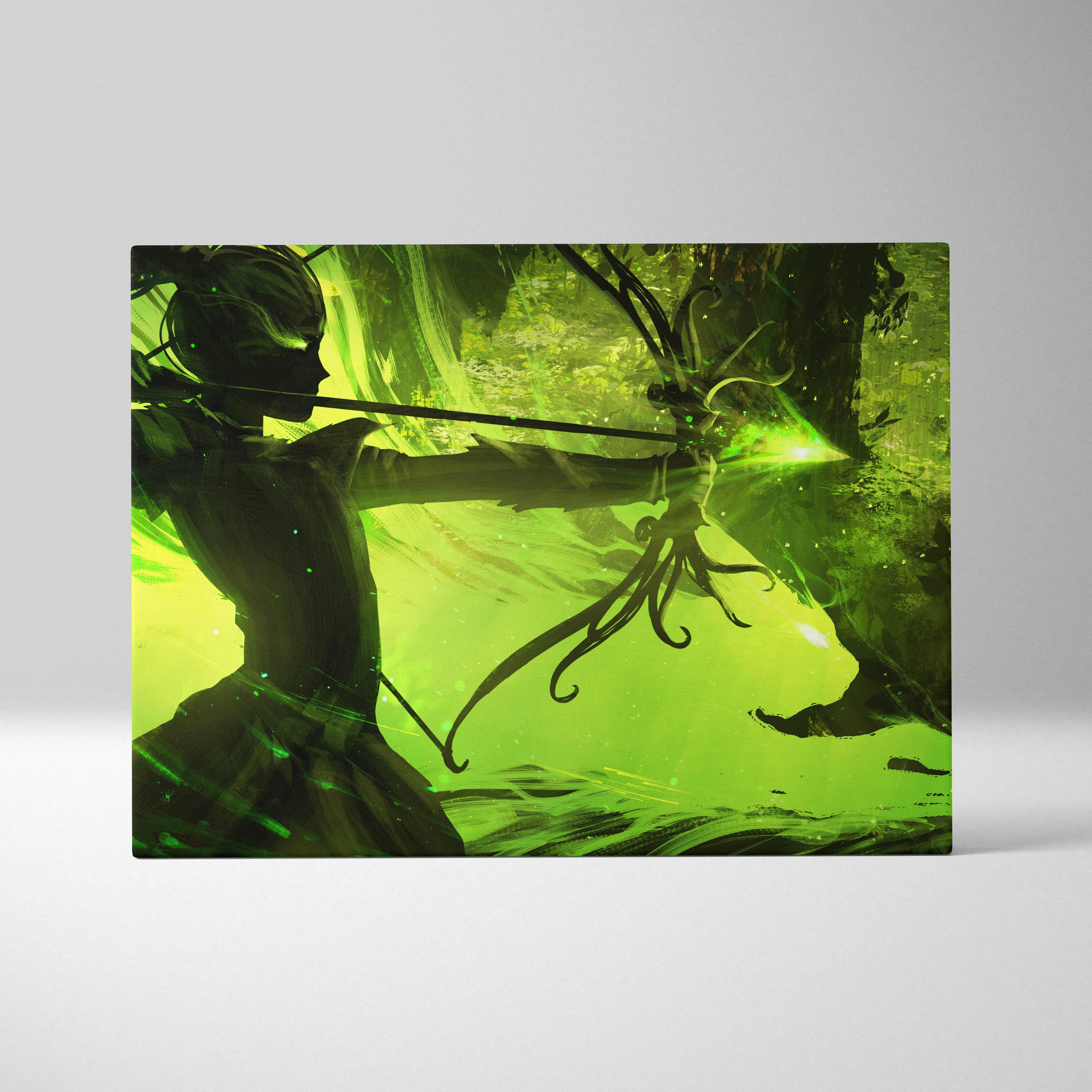 Neon green archer canvas wall art showing vibrant fantasy forest with glowing arrow and dynamic female warrior silhouette