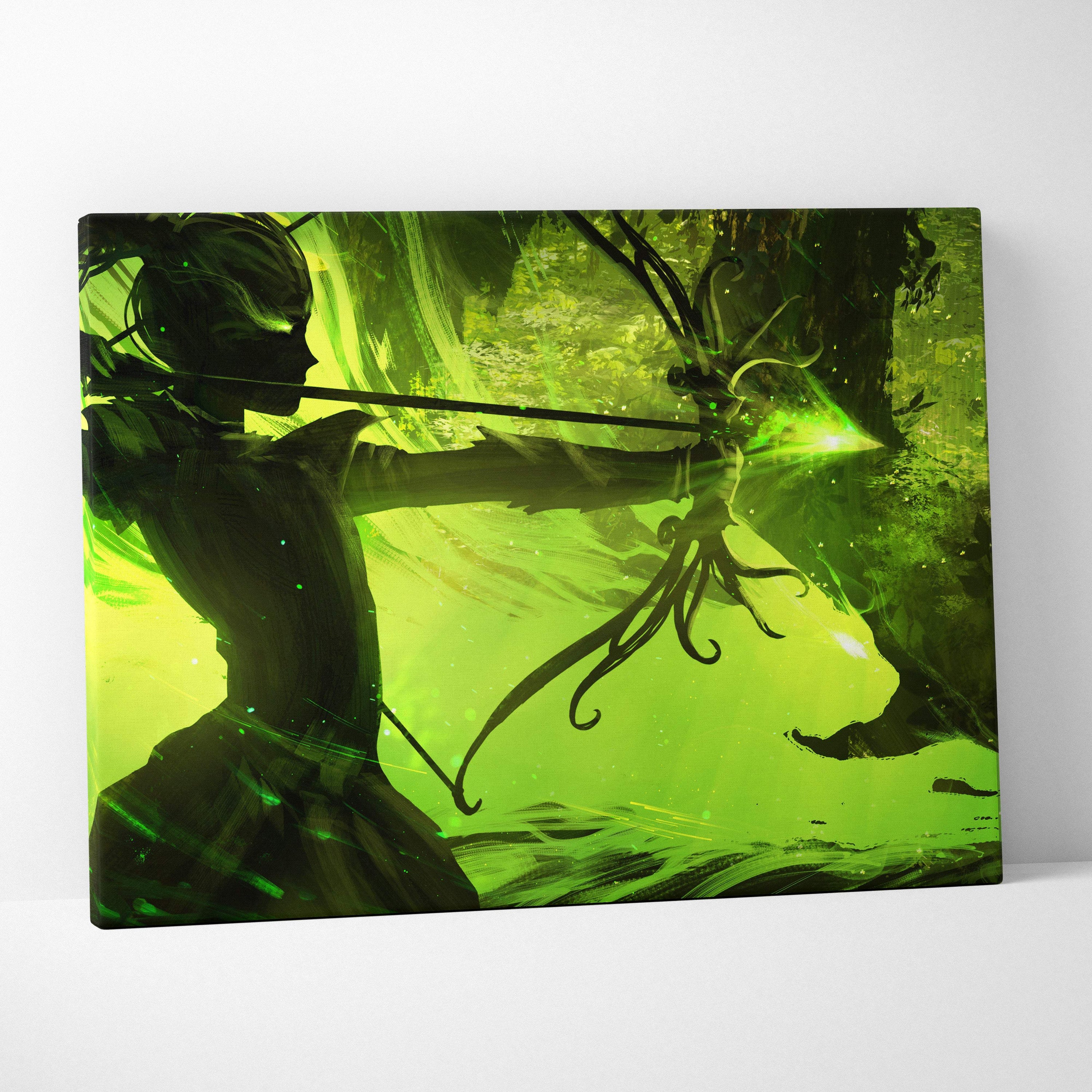 Green fantasy-themed canvas print of a female archer silhouette with glowing green arrow and magical energy effects