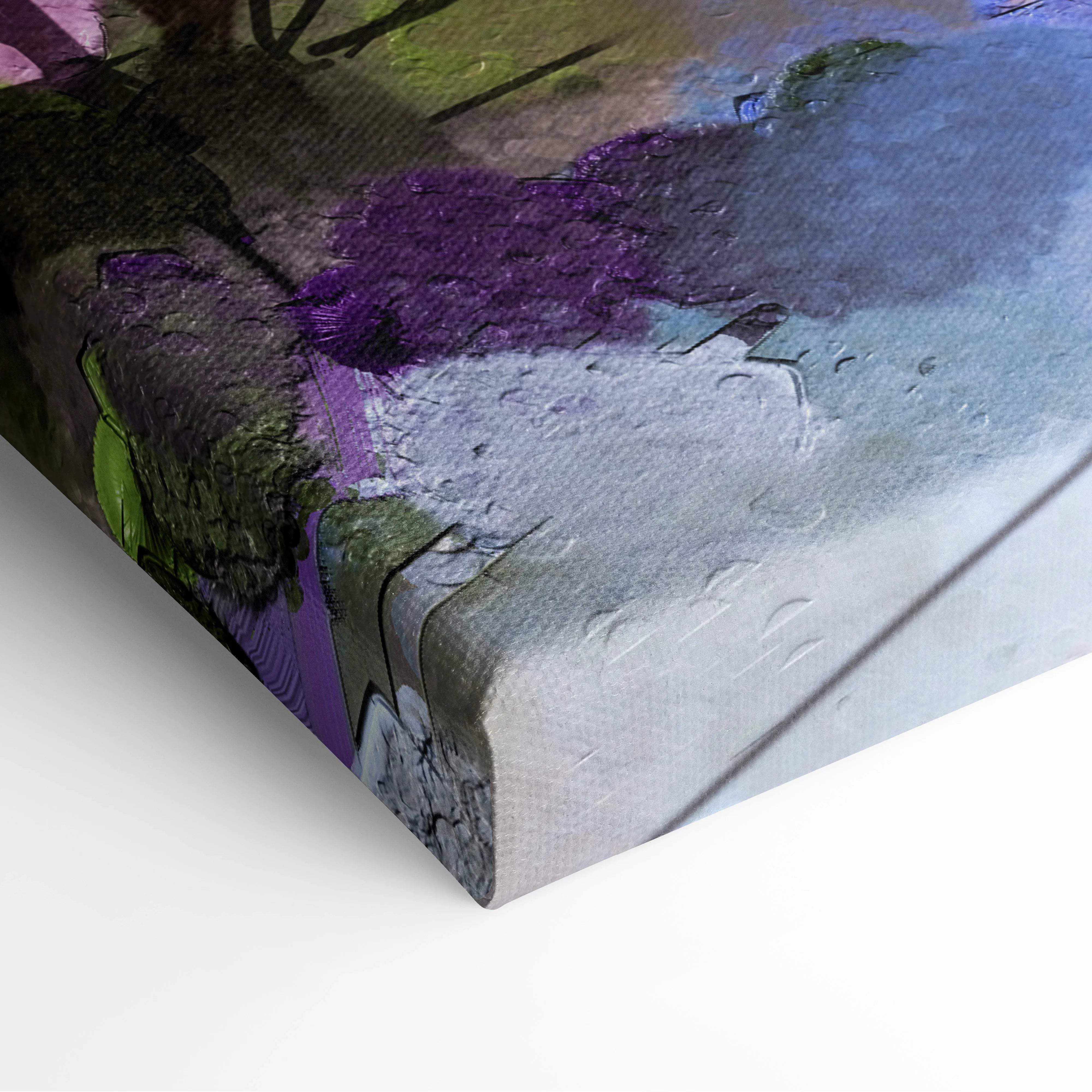 Abstract impasto canvas art in purple green gray pink orange hues