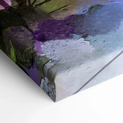 Abstract impasto canvas art in purple green gray pink orange hues