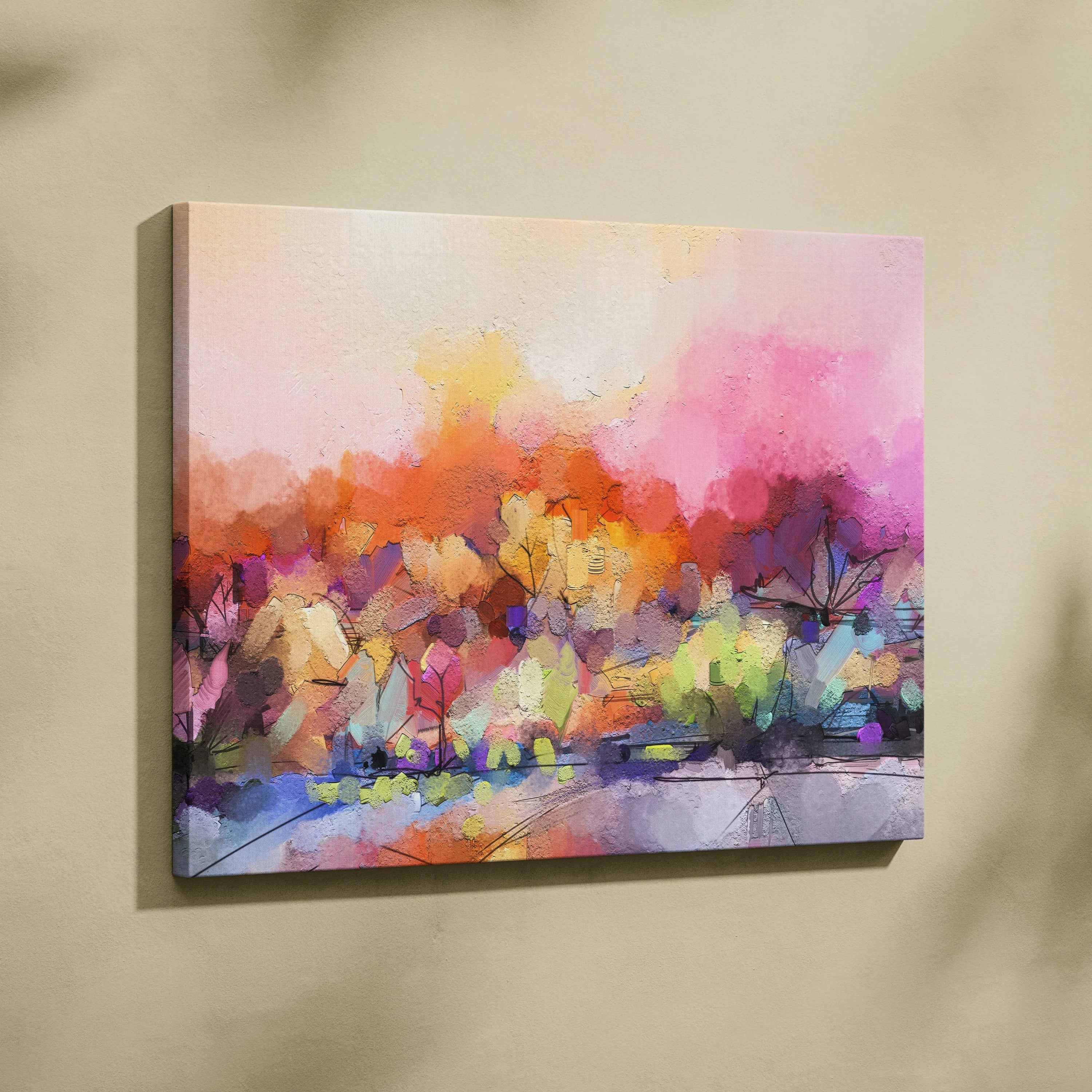 Abstract landscape dreamy mood impasto texture canvas in pink orange purple hues