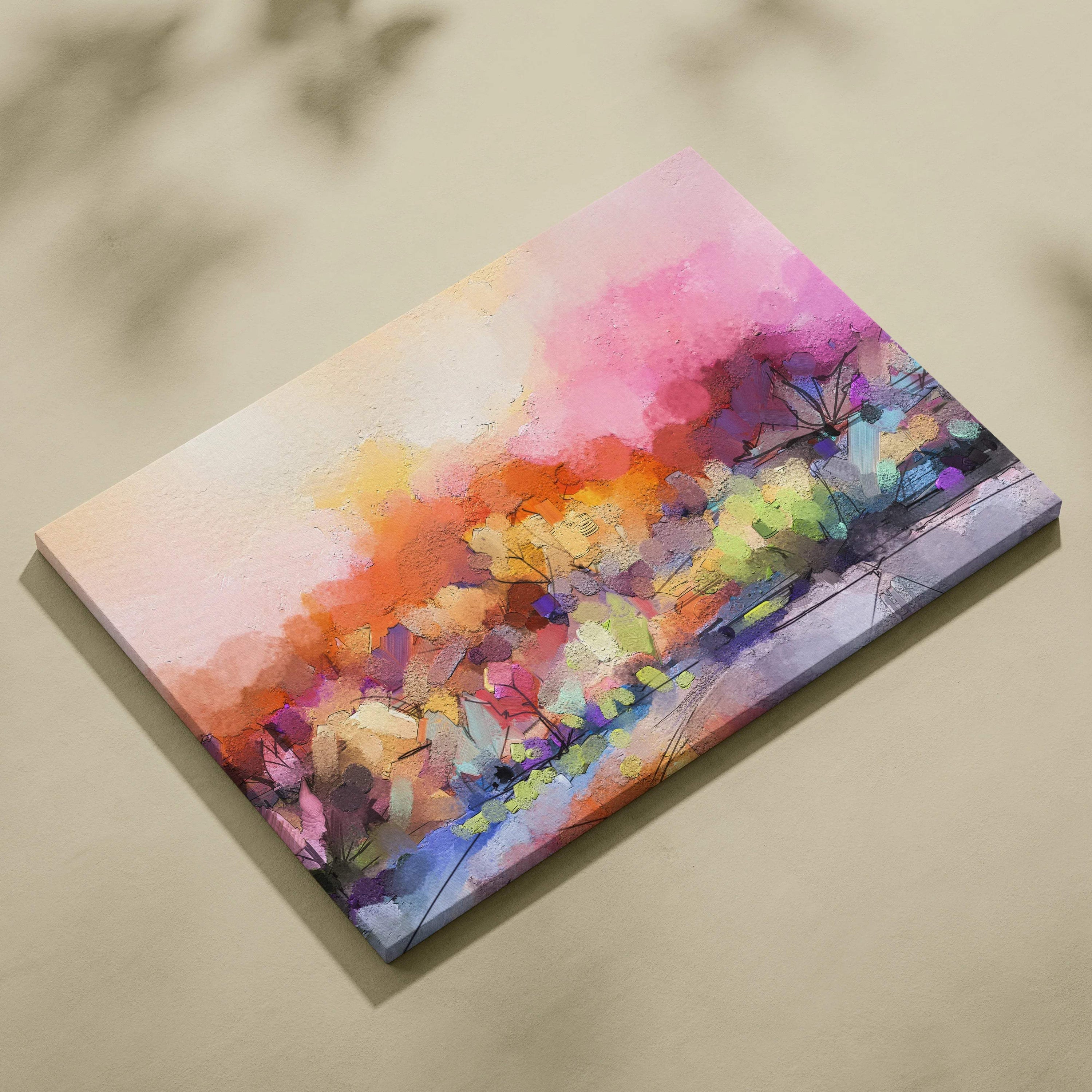 Vibrant abstract landscape canvas wall art in pink orange purple green hues