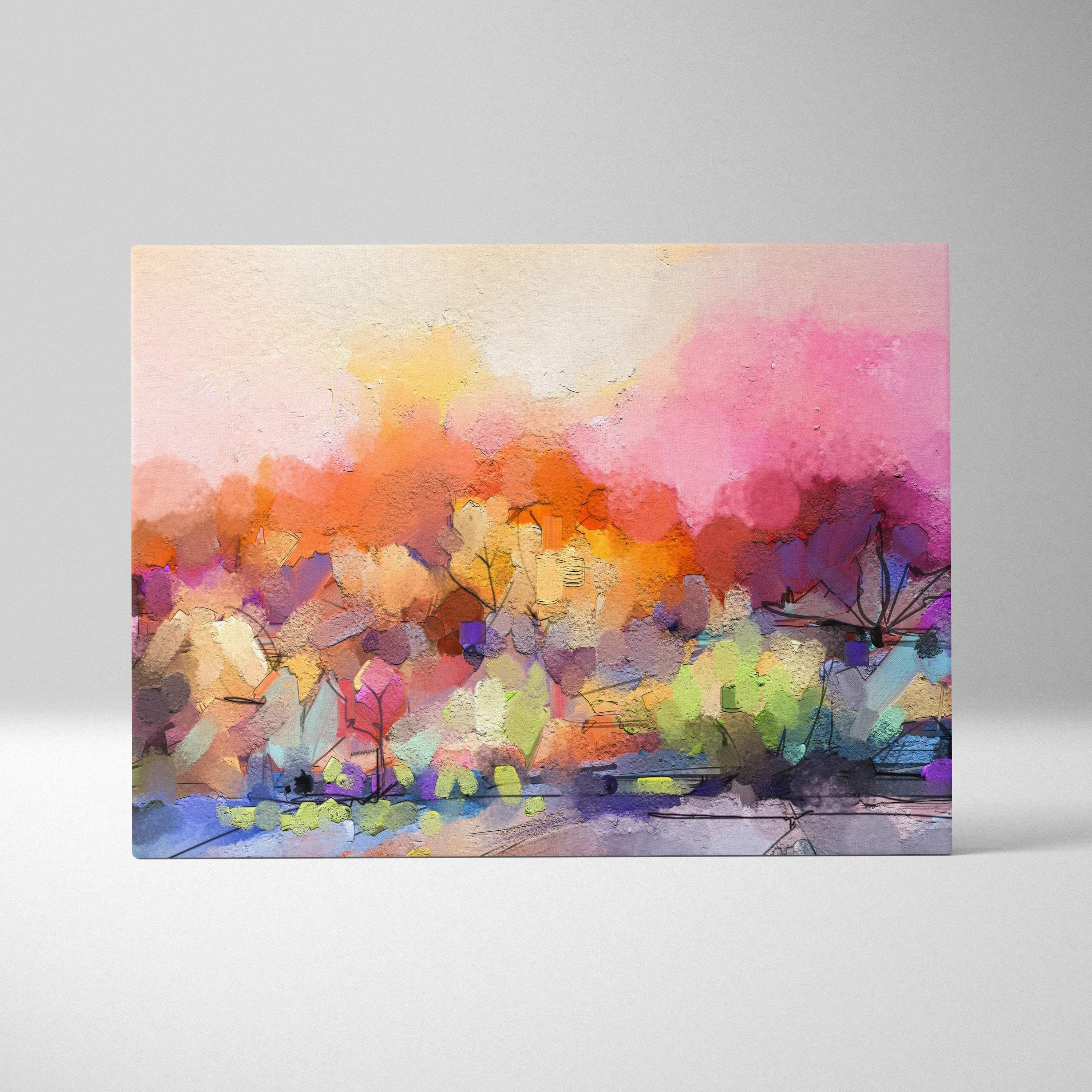 Vibrant abstract landscape canvas with bold pink orange purple impasto texture