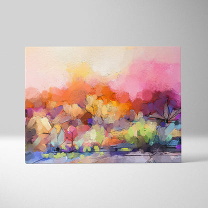 Vibrant abstract landscape canvas with bold pink orange purple impasto texture