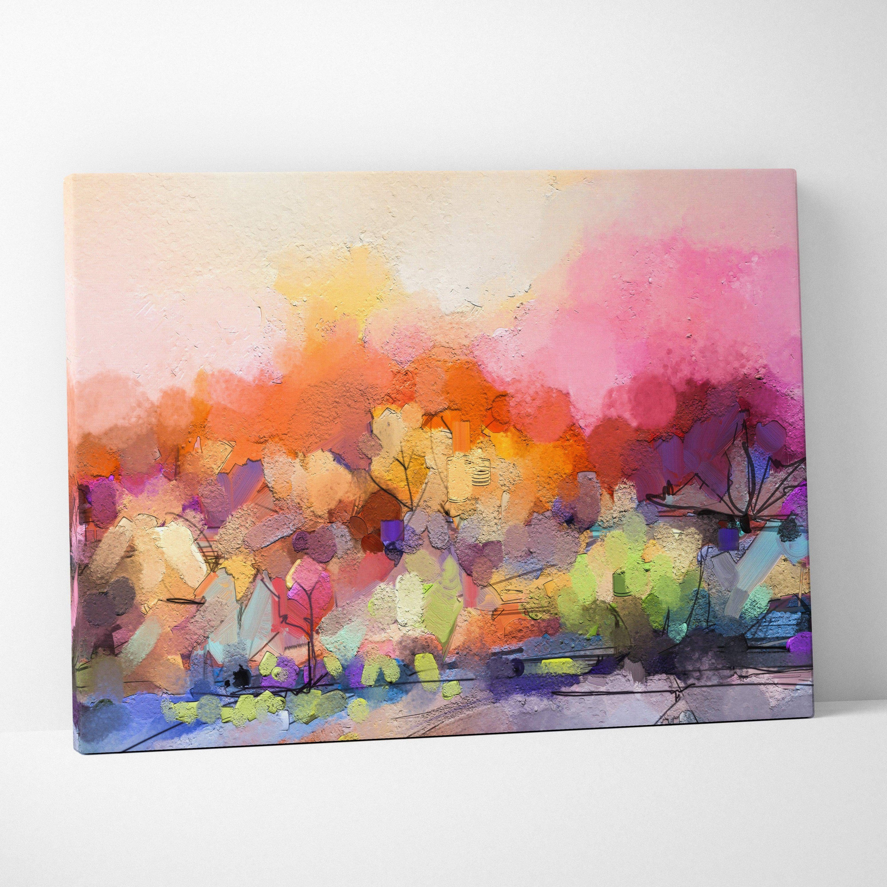 Vibrant abstract landscape canvas with bold pink, orange, purple impasto texture