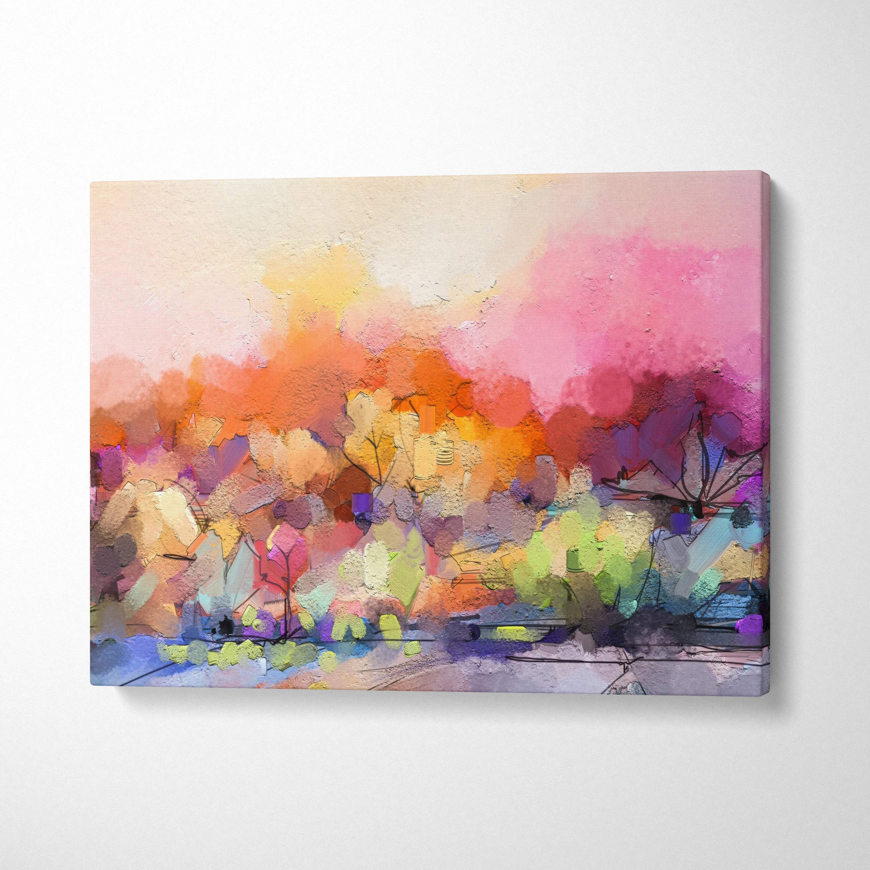 Vibrant abstract landscape impasto canvas art in pink orange purple hues