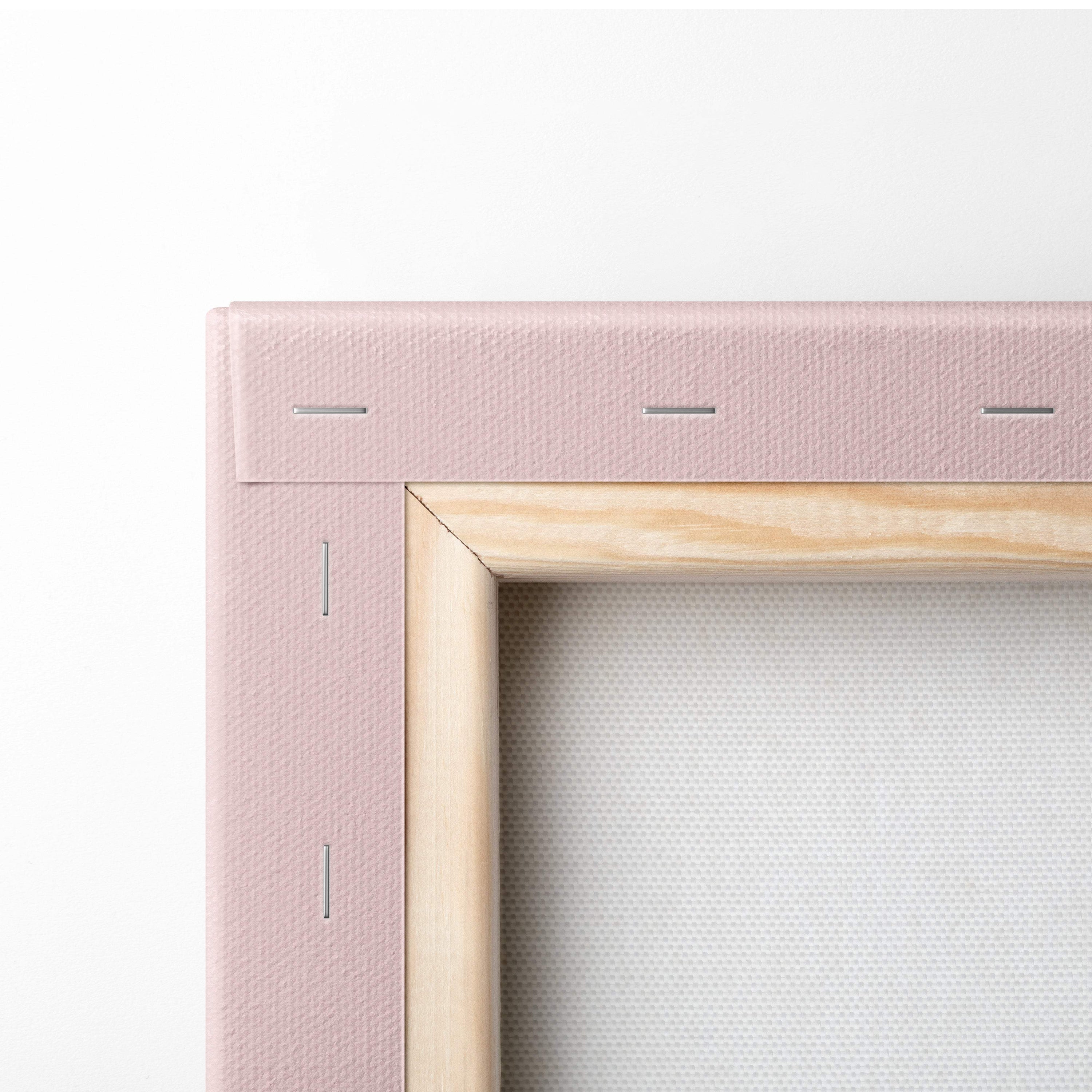 Pink canvas frame with light wood border featuring warm terracotta abstract desert landscape wall art for modern decor