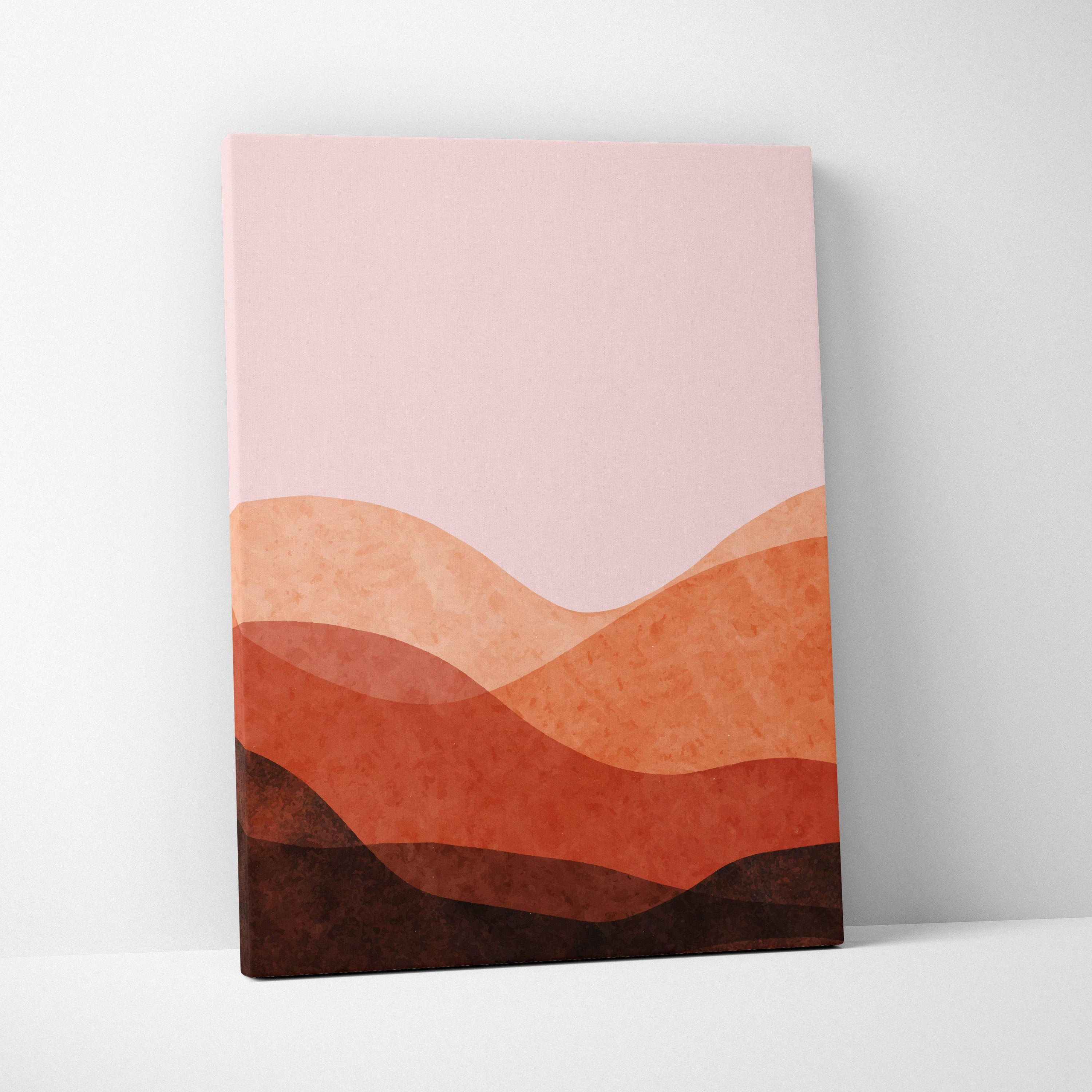 Abstract desert landscape wall art with layered wavy hills in pink terracotta and brown for modern home decor