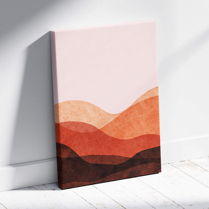 A minimalist canvas print of layered peach terracotta and deep brown hills abstract desert landscape wall art