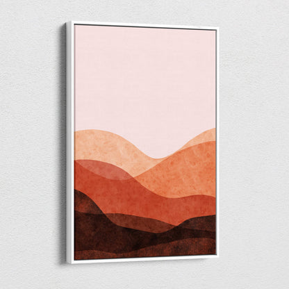 A minimalist framed abstract desert landscape wall art with warm terracotta layered mountains and a pale pink sky