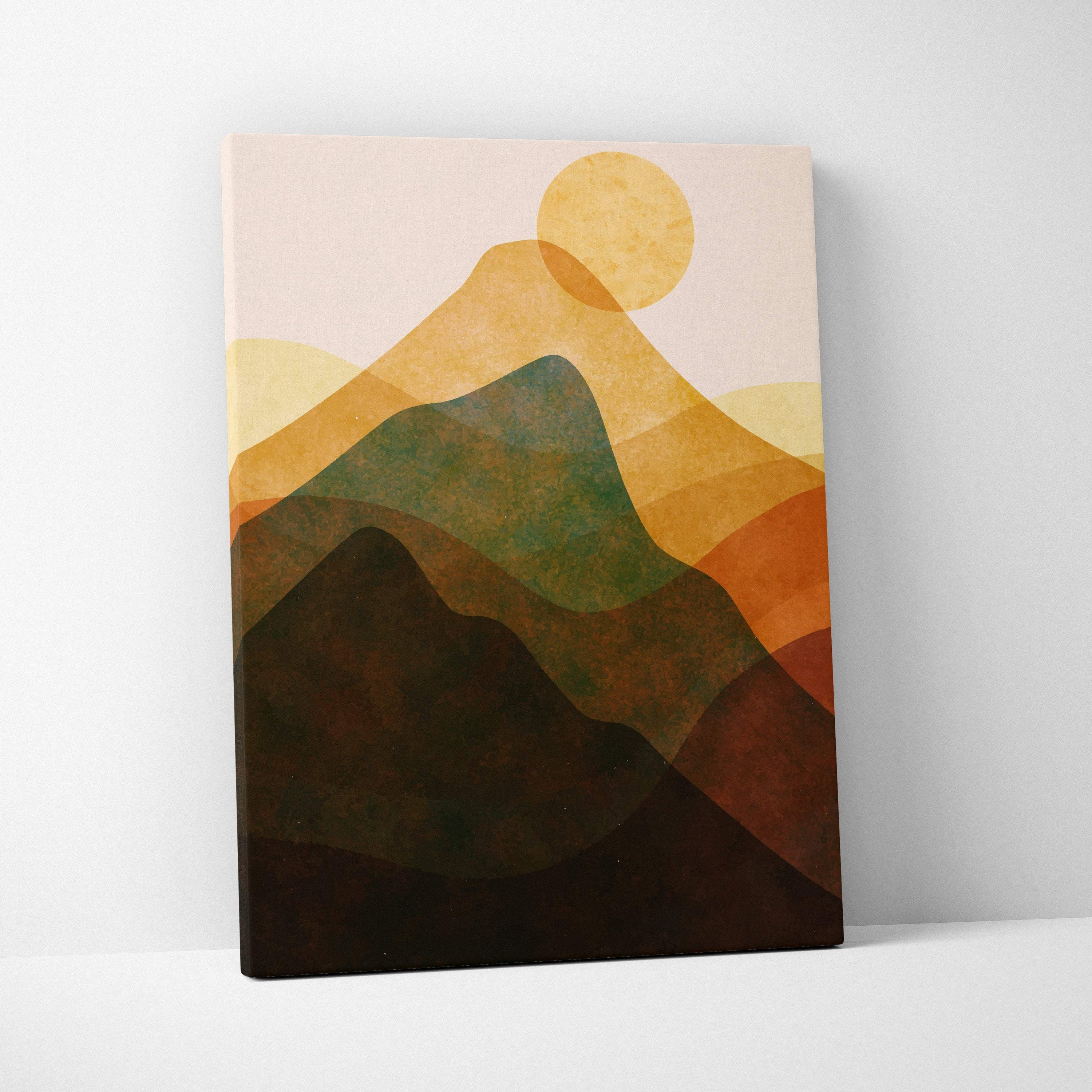 A minimalist canvas print of layered abstract mountain ranges in warm terracotta, olive, and mustard for modern decor