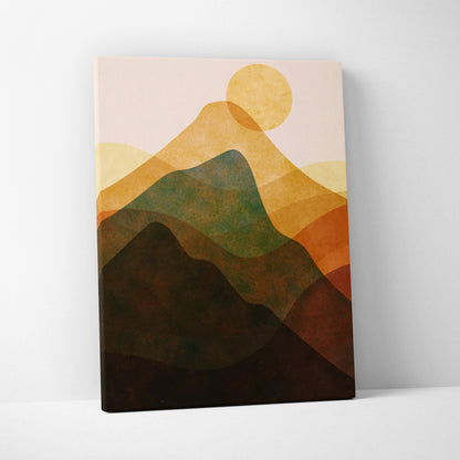 A minimalist canvas print of layered abstract mountain ranges in warm terracotta, olive, and mustard for modern decor