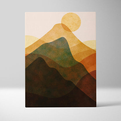 Abstract mountain landscape wall art print with layered earth tone hills and warm sun for modern home decor