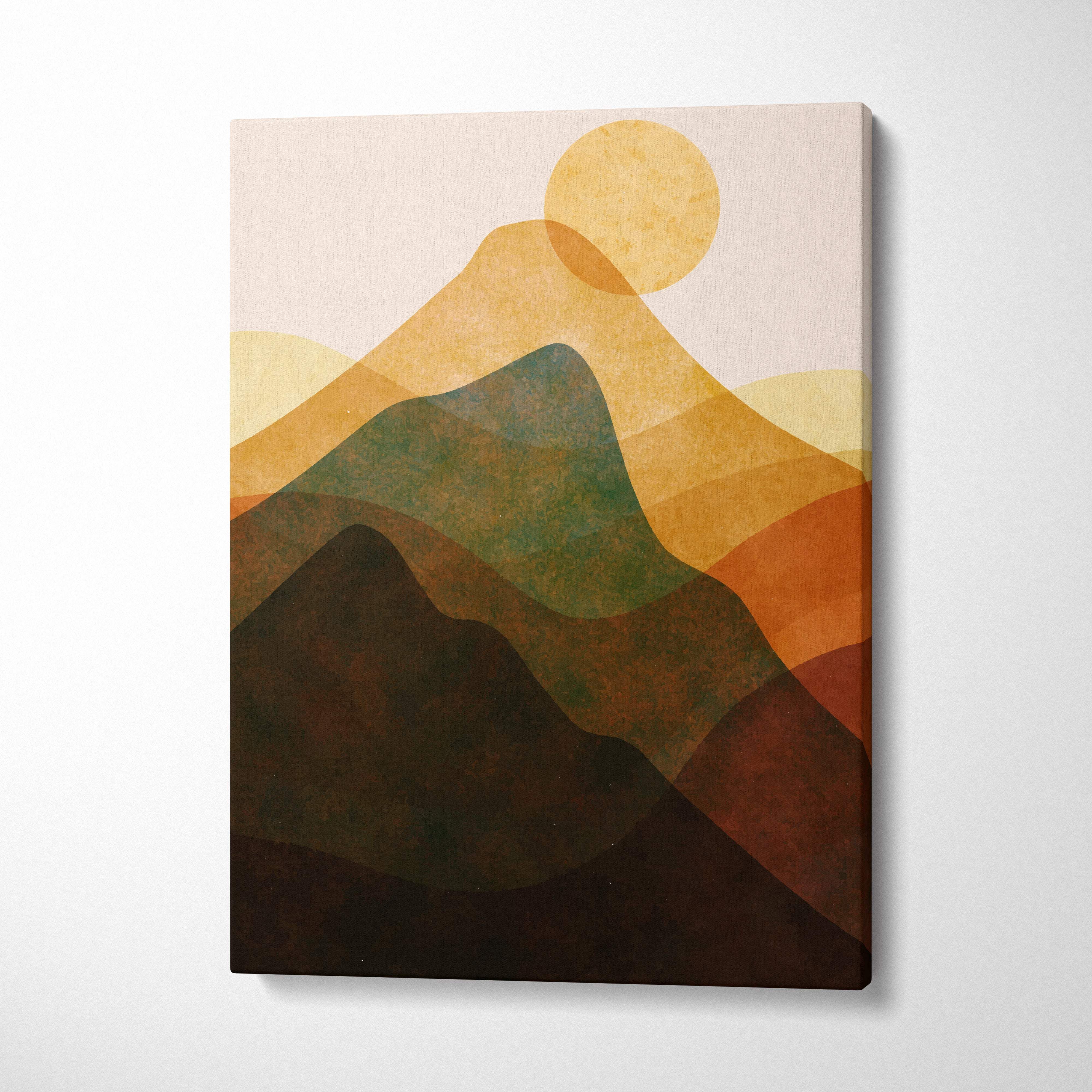 Abstract mountain landscape canvas print with layered ochre olive and deep brown hills under a soft yellow sun