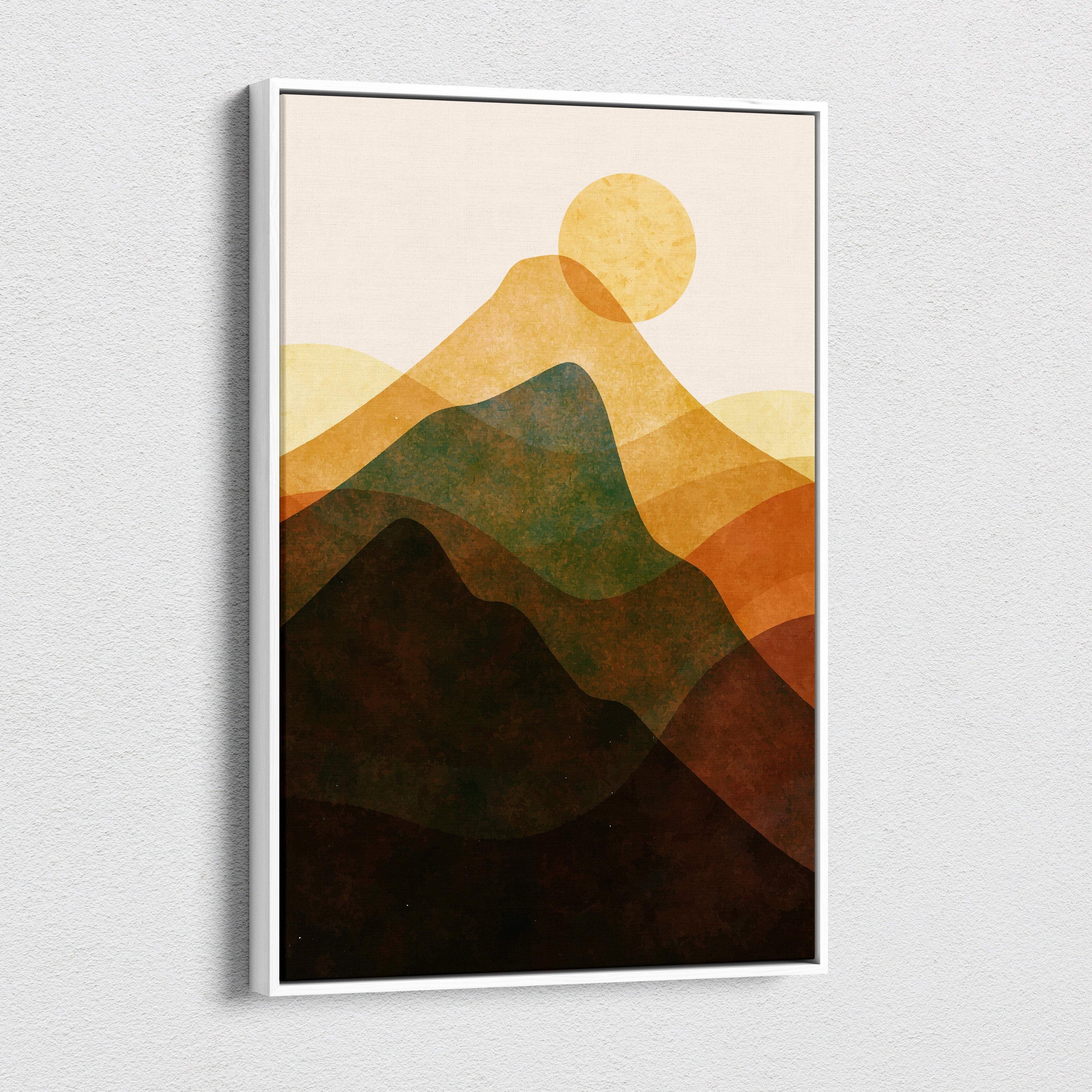 Minimalist framed wall art featuring layered abstract mountain ranges in green brown and yellow for modern home decor