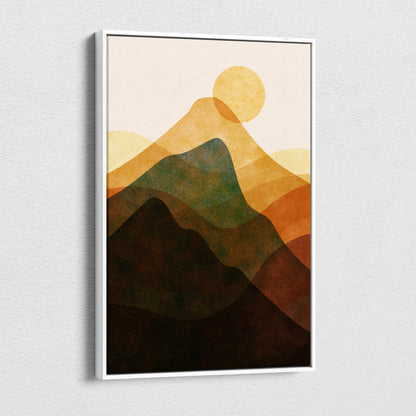 Minimalist framed wall art featuring layered abstract mountain ranges in green brown and yellow for modern home decor