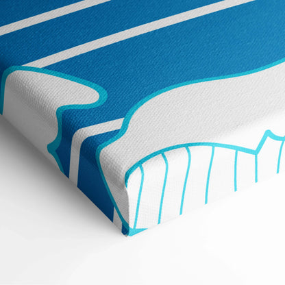 Blue and white whale line art canvas wall print with teal outlines